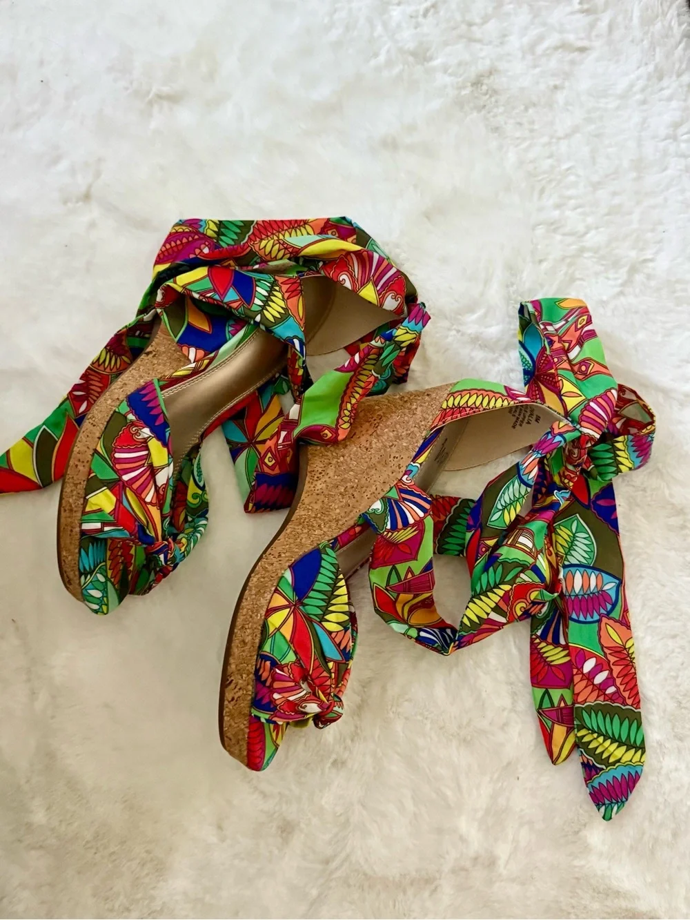 Colorful Tie-Wrap Cork Wedge Sandals - Women's Green Multicolor